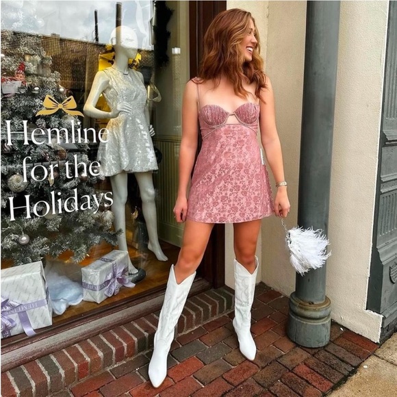 For Love And Lemons Dresses & Skirts - NWT For Love & Lemons Shai Pink Floral Lace Cutout Rhinestone Mini Dress Large